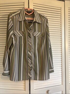 Elementz large striped blouse, colorful black, green and white.